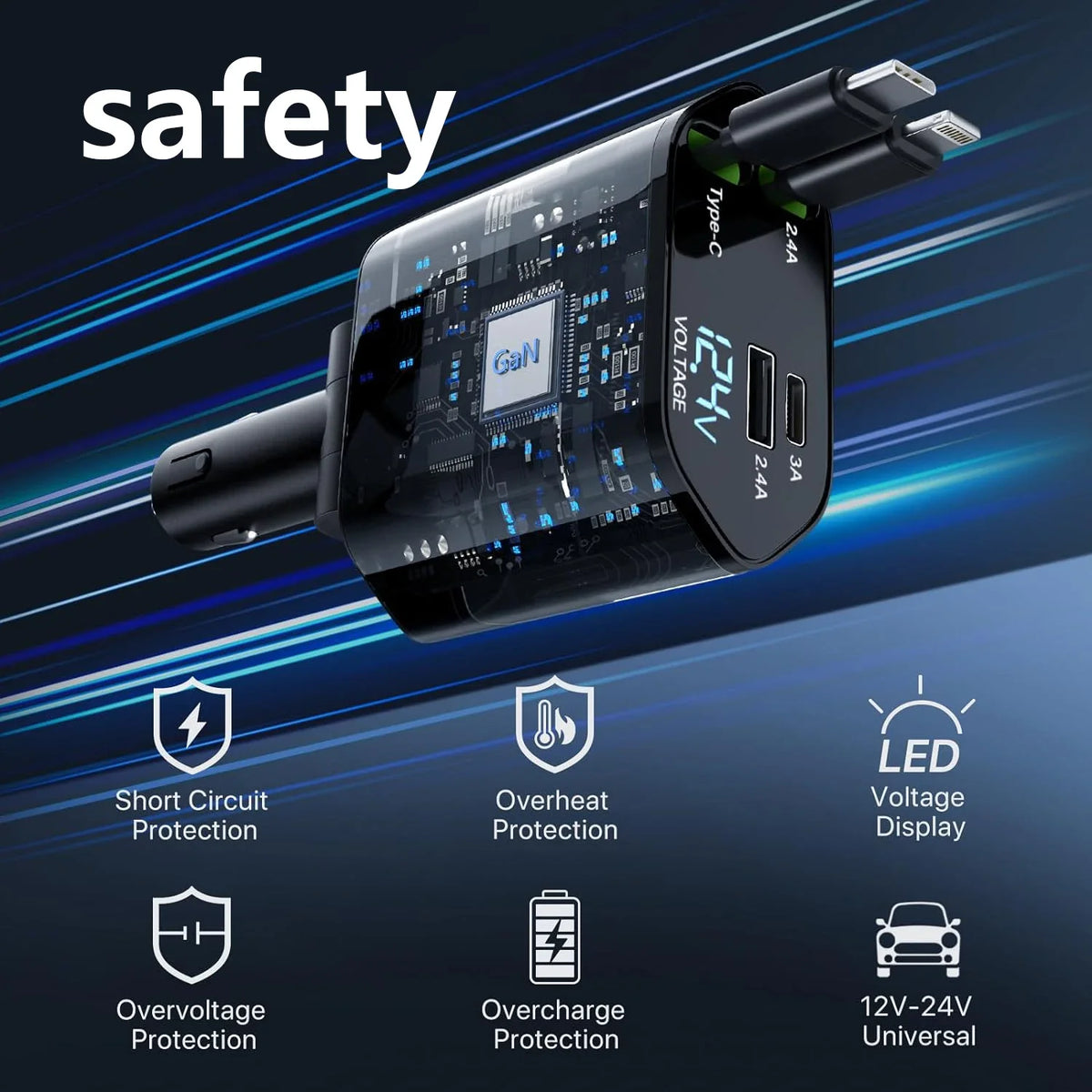A black retractable car charger with built-in cables showing safety features like short circuit and overvoltage protection.