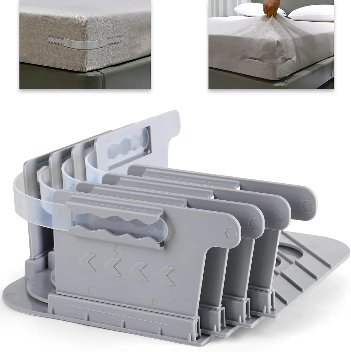 A set of four gray adjustable bed sheet corner holders designed to secure linens on a bed.
