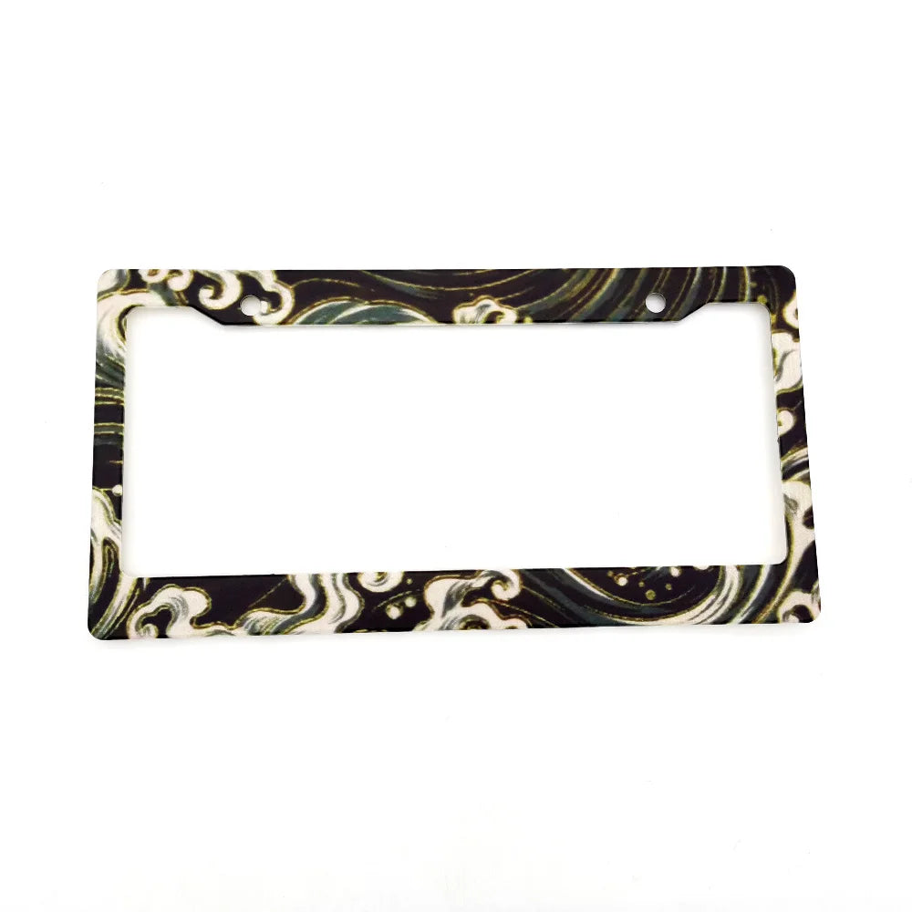 A pair of racing style license plate frames featuring a black and white marbled pattern.