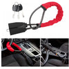 A red universal car steering wheel lock with a black housing and seatbelt attachment shown in detail.