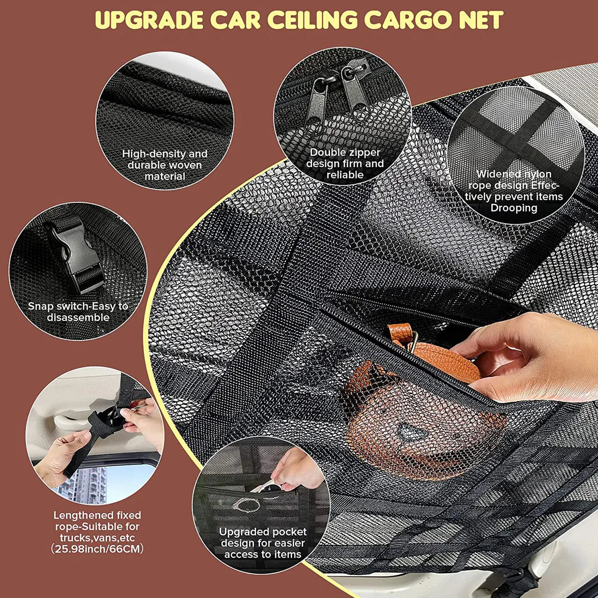 Black high-density woven car ceiling cargo net with double zipper and rope design for overhead storage
