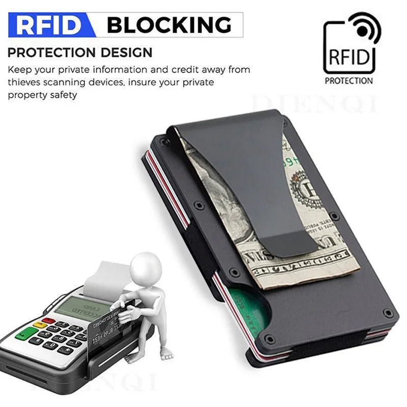 A slim black wallet designed for RFID blocking, shown next to a human figure and a stack of money.