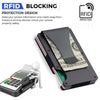 A black wallet designed for RFID blocking protection, shown next to a small electronic device.