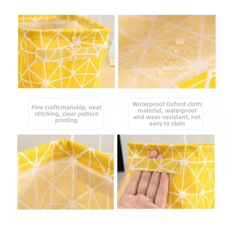 Yellow cotton and linen storage basket with a geometric pattern, showing close-ups of the fabric texture and stitching.