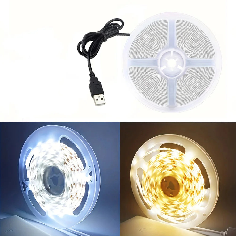 A USB LED strip light with a remote control is shown alongside its disassembled components and illuminated versions.