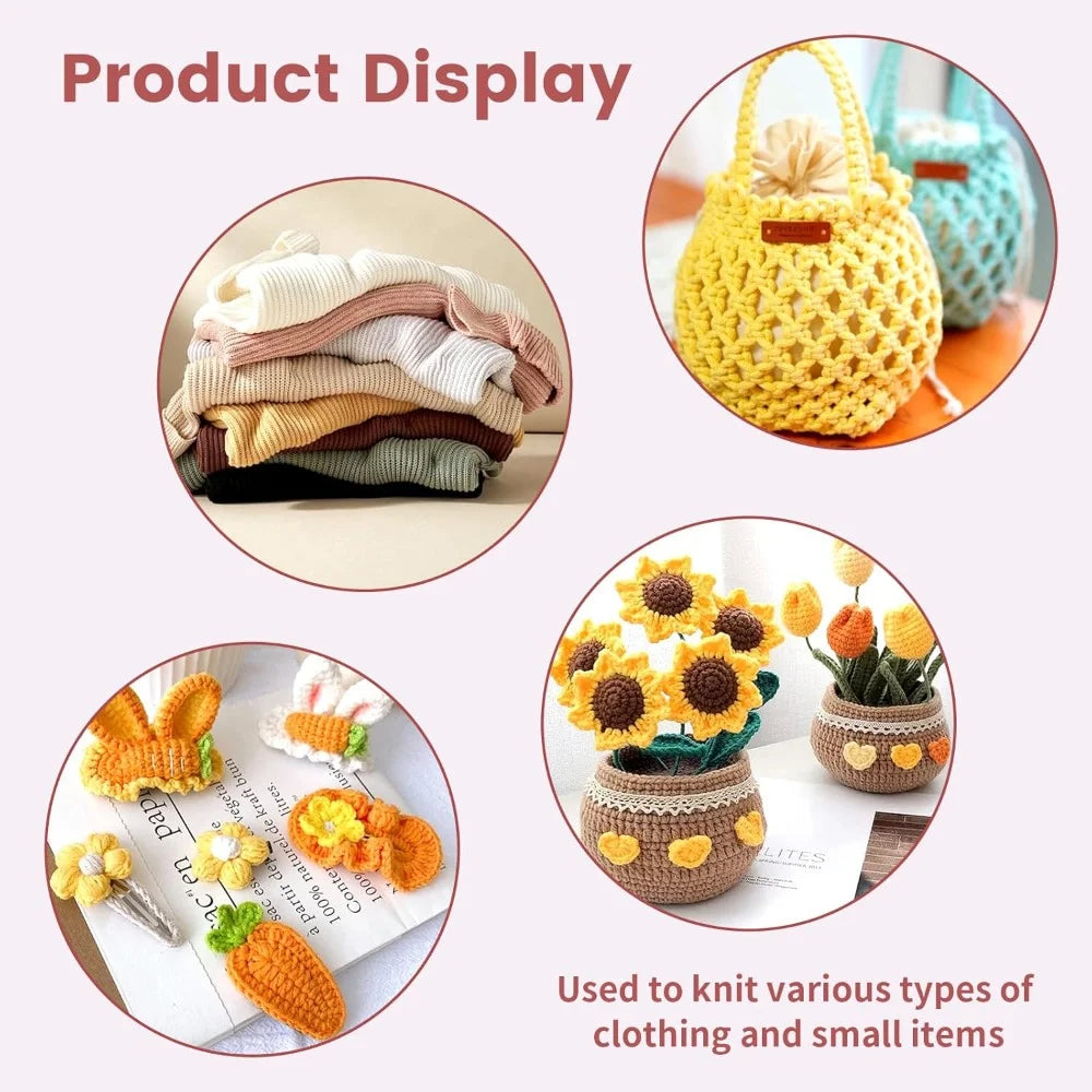 A display of various knitted items and a set of circular knitting needles used for clothing and small items.