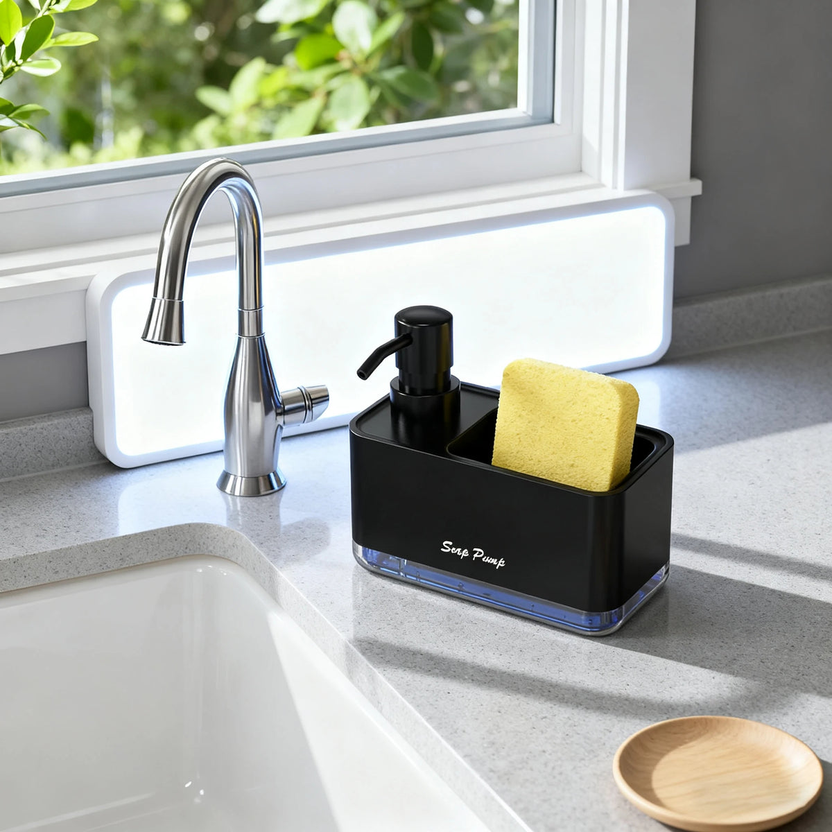 A black kitchen dish soap dispenser with a sponge holder sits on a gray countertop next to a silver faucet.