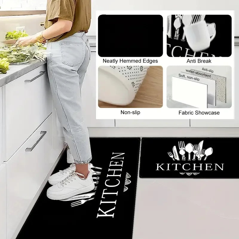 A set of kitchen mats and accessories demonstrating non-slip, anti-break, and fabric showcase features.