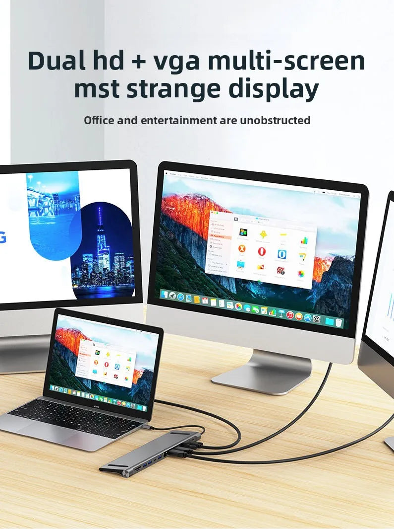 A dual hd plus vga multi-screen display setup featuring a laptop and desktop monitor connected via cables.
