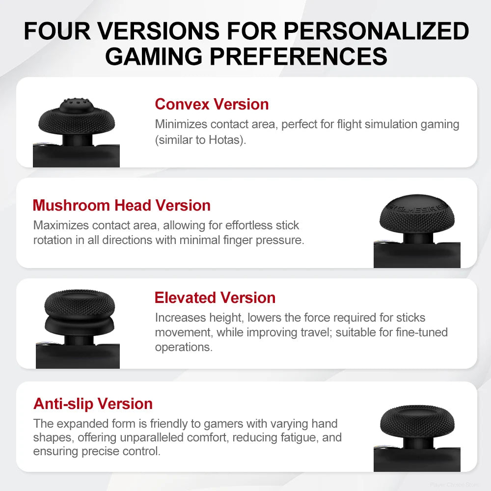Vier Versionen von Silikon-Thumbgrips für Gamepads, darunter Designs wie Convex, Mushroom Head, Elevated und Anti-slip