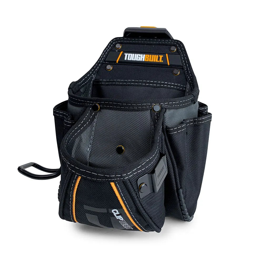 Black heavy-duty construction tool pouch featuring a ToughBuilt logo and ClipTech hub.