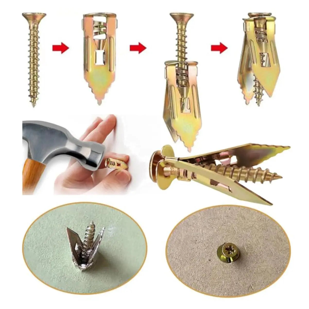 Verschiedene Ansichten von schweren Selbstbohr-Gips-Ankern und eine Nahaufnahme eines Ankers.