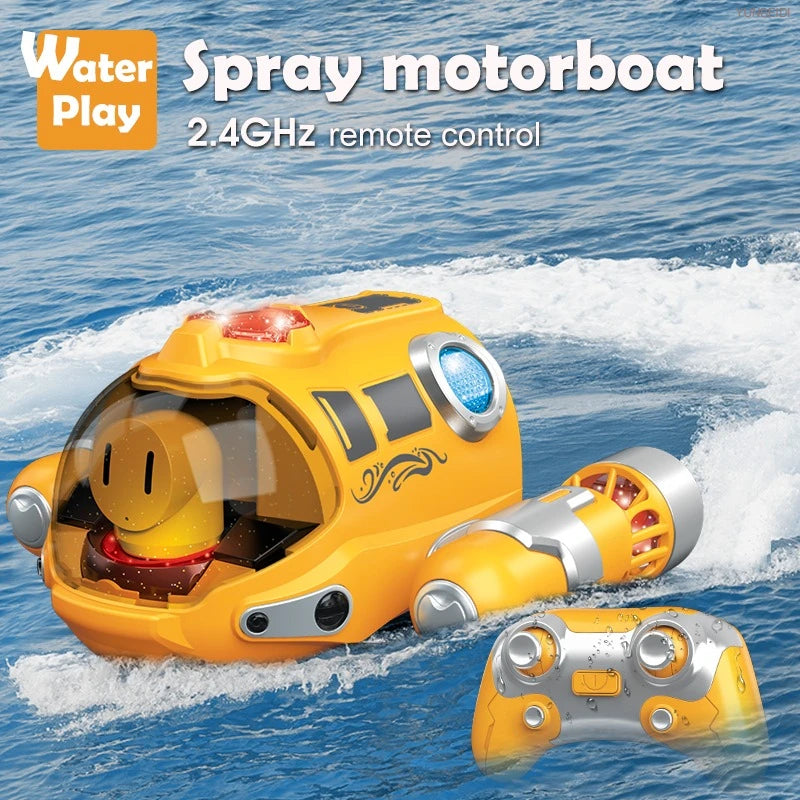 A yellow remote control spray motorboat is shown moving through blue water with a separate controller nearby.