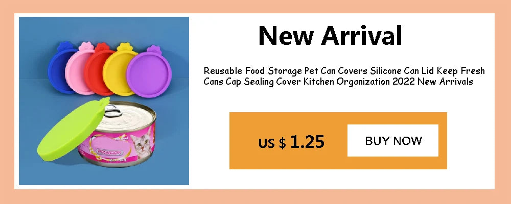A set of three colorful reusable silicone pet can covers for food storage, displayed next to a canned item.