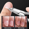 A hand holds professional stainless steel cuticle nippers, showing before and after nail pruning.