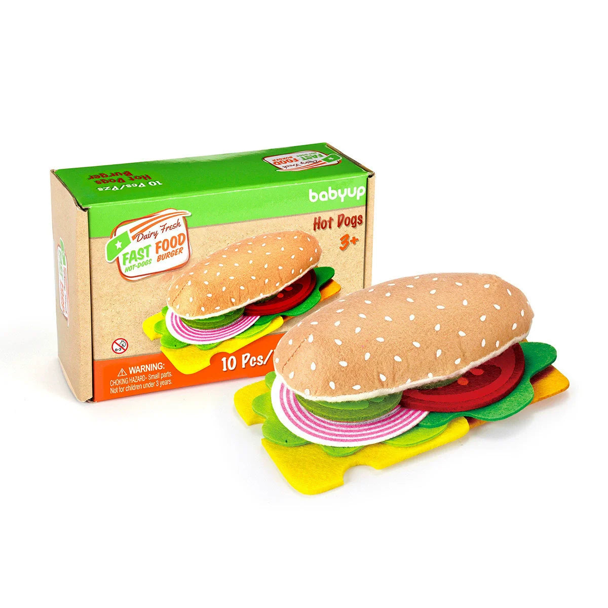 A box of babyup Hot Dogs fast food play set featuring felt burger and sandwich food items.