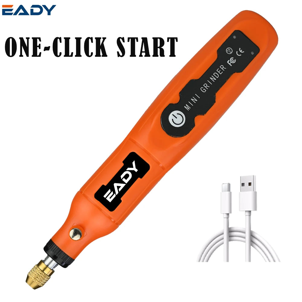 An orange EADY mini grinder tool with a battery connector and cable shown next to the product title.
