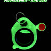 A bright green fluorescent cable tie with a circular opening and a metal loop for cord management.
