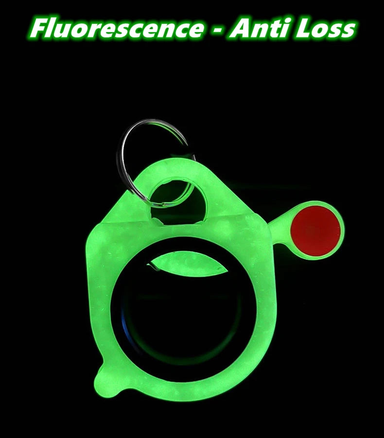 A bright green fluorescent cable tie with a circular opening and a metal loop for cord management.