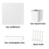 A set of wall-mounted pegboard organizer including a square box, a wallboard, and five hooks, all in white.