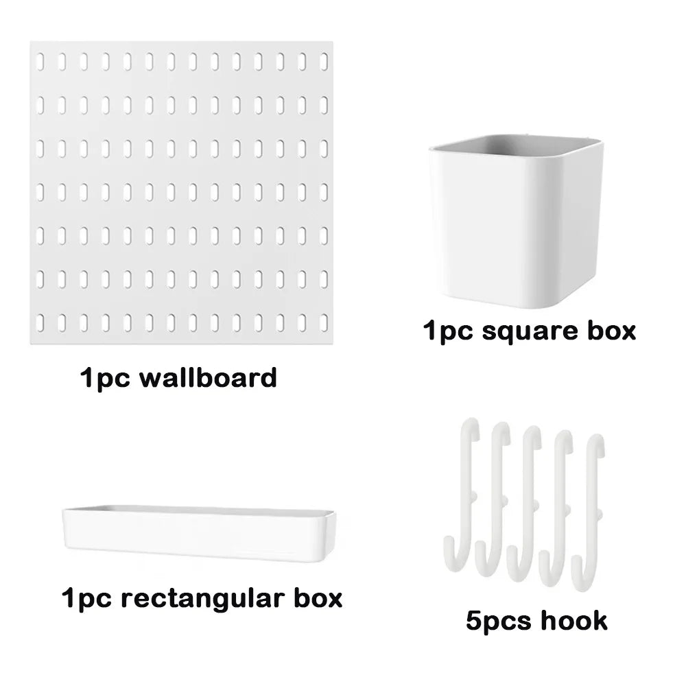 A set of wall-mounted pegboard organizer including a square box, a wallboard, and five hooks, all in white.