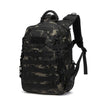 A black camouflage tactical backpack with a padded shoulder strap and MOLLE system.