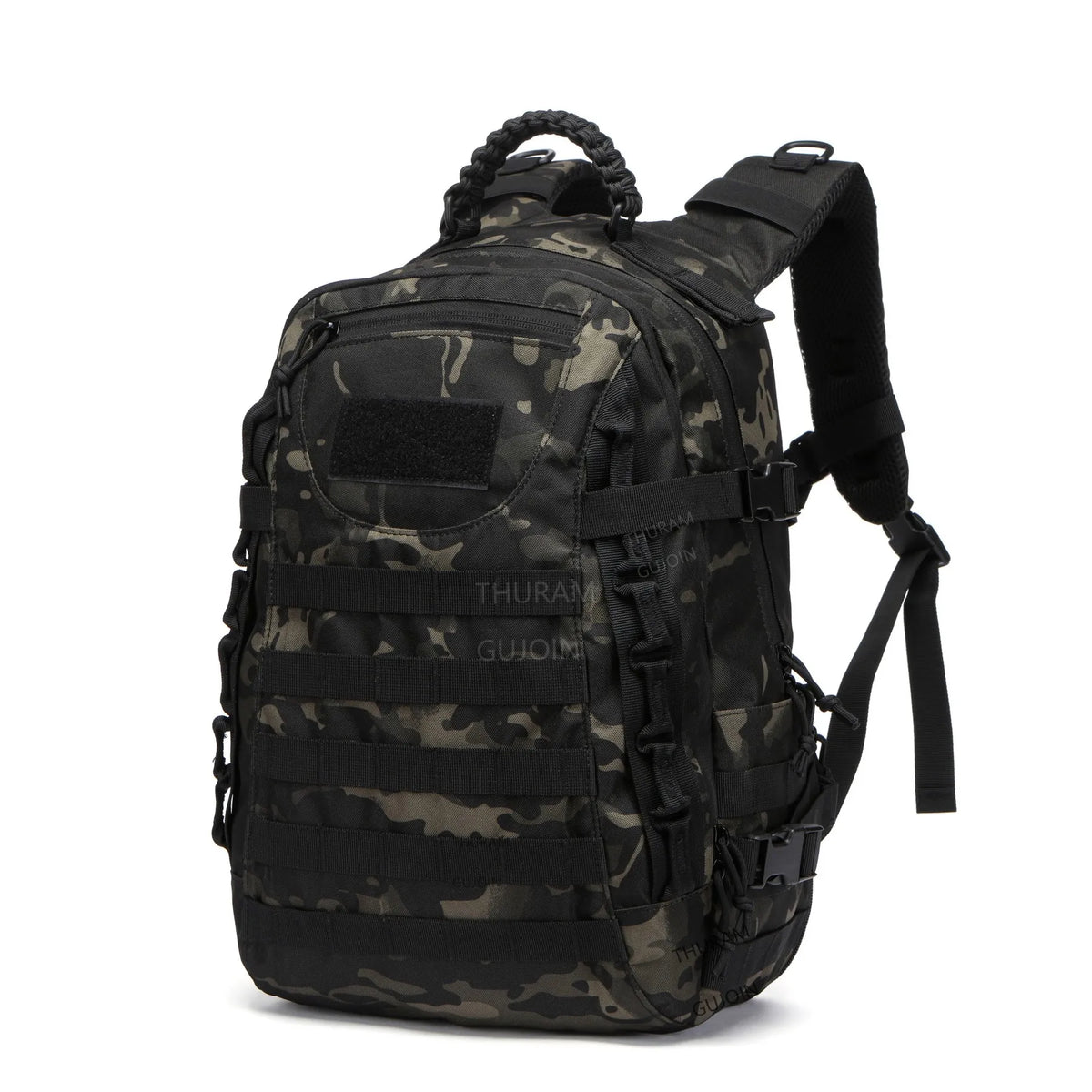 A black camouflage tactical backpack with a padded shoulder strap and MOLLE system.