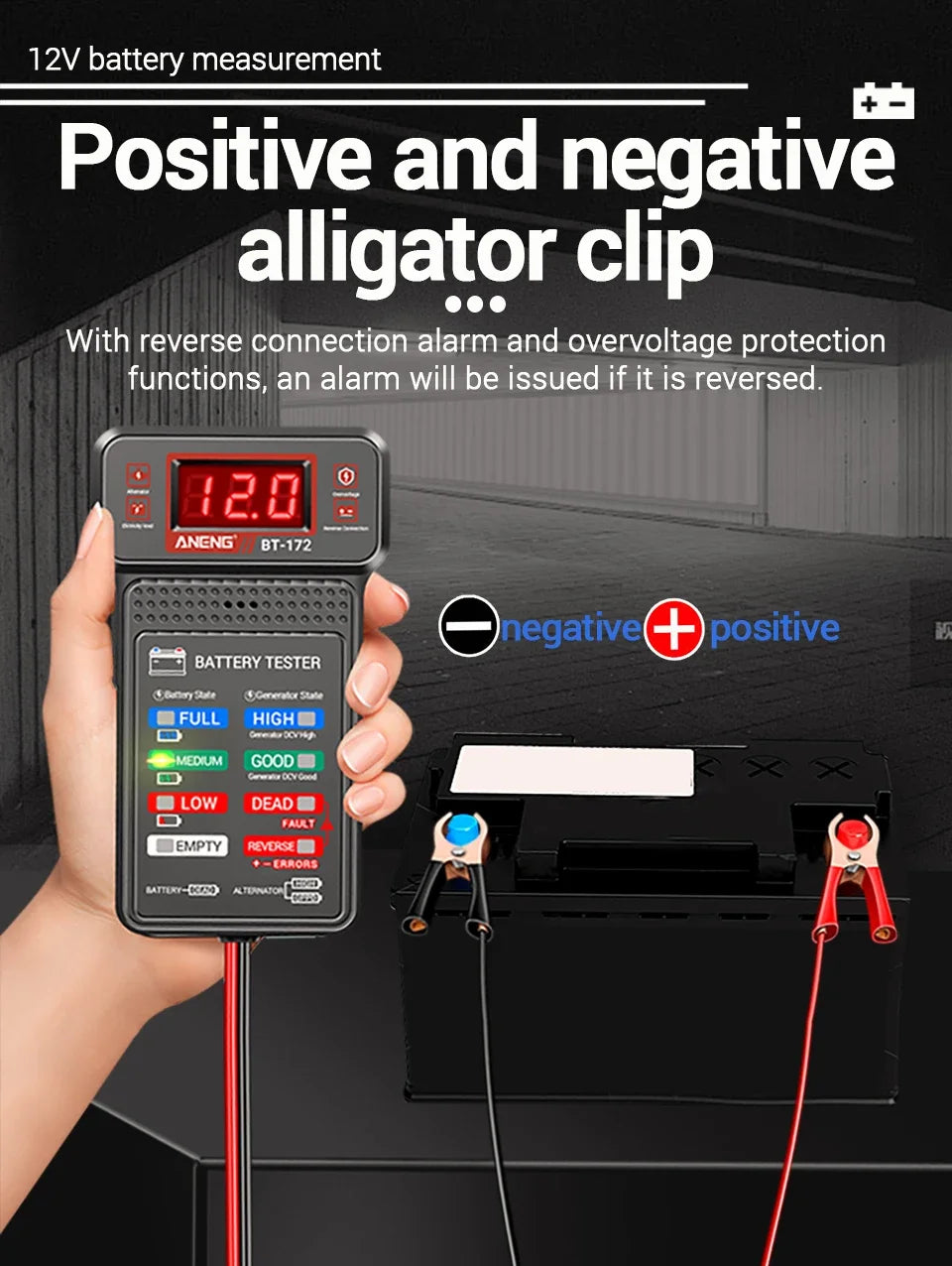 A hand holds a digital 12V battery tester with an LED display, connected to a car battery terminal.