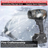 A handheld fan with a brush motor is shown emitting a strong stream of air in a snowy outdoor setting.