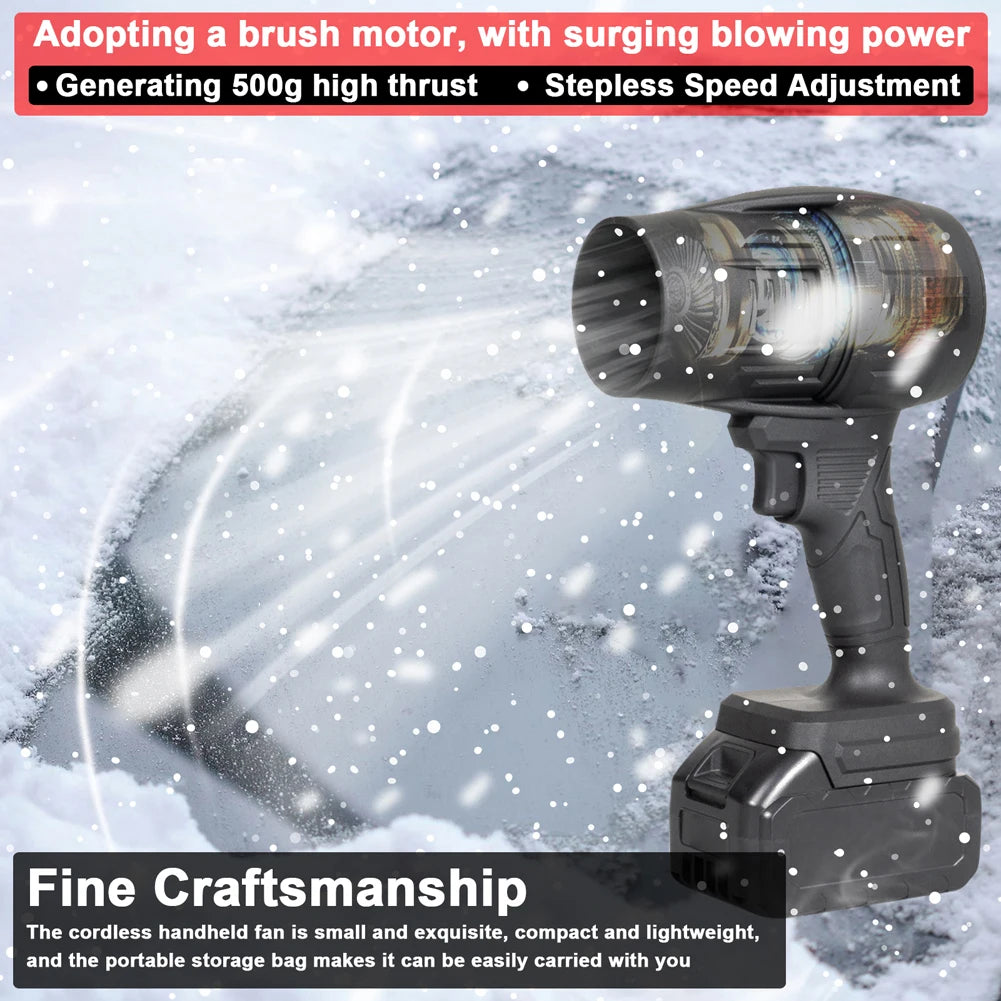A handheld fan with a brush motor is shown emitting a strong stream of air in a snowy outdoor setting.