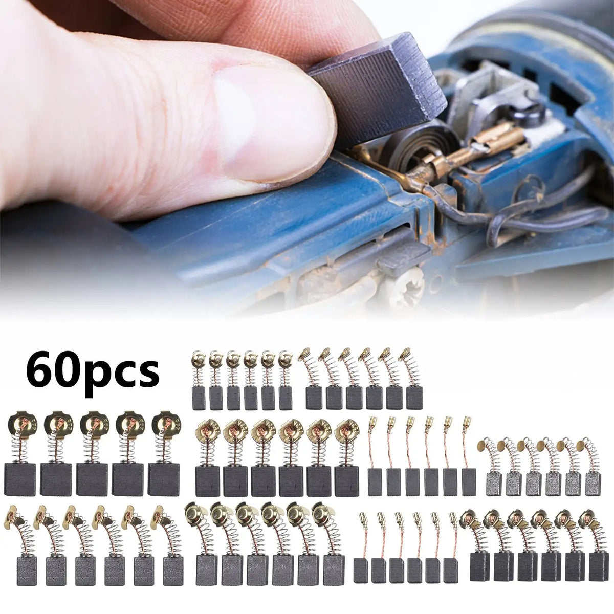 A collection of 60 small carbon brush assortment kits for power tools, showing various sizes and types.