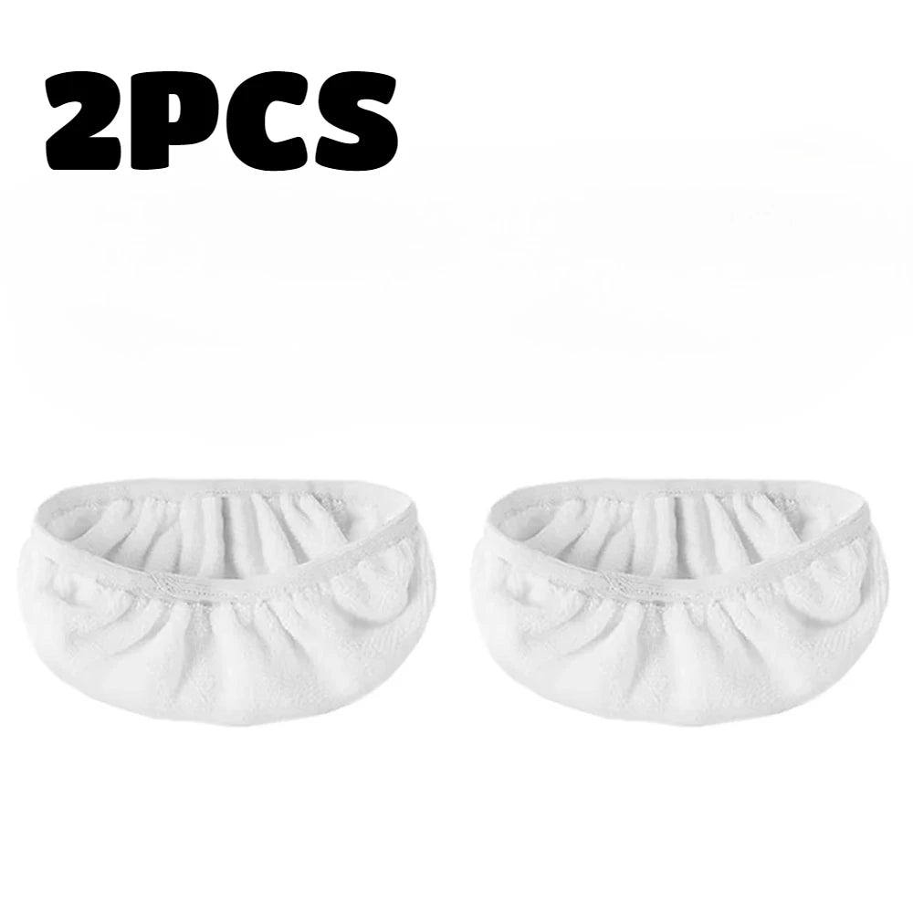 Two white reusable microfiber mop refill pads shown side by side.
