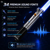 A silver lightsaber with a blue blade is shown next to text describing 34 premium sound fonts and realistic sound effects.