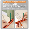 Modular pen assembly ruler used to draw straight or curved lines on wood surfaces.