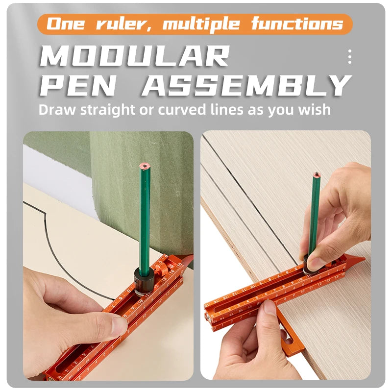 Modular pen assembly ruler used to draw straight or curved lines on wood surfaces.