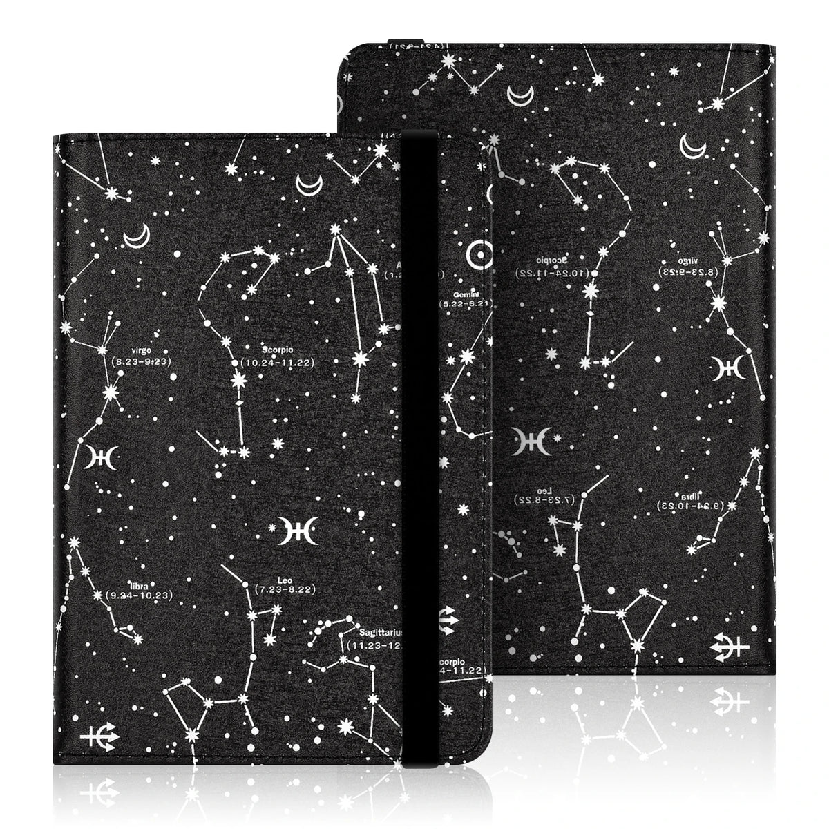 Black leather-like e-reader case with a hand strap featuring constellations and zodiac signs.