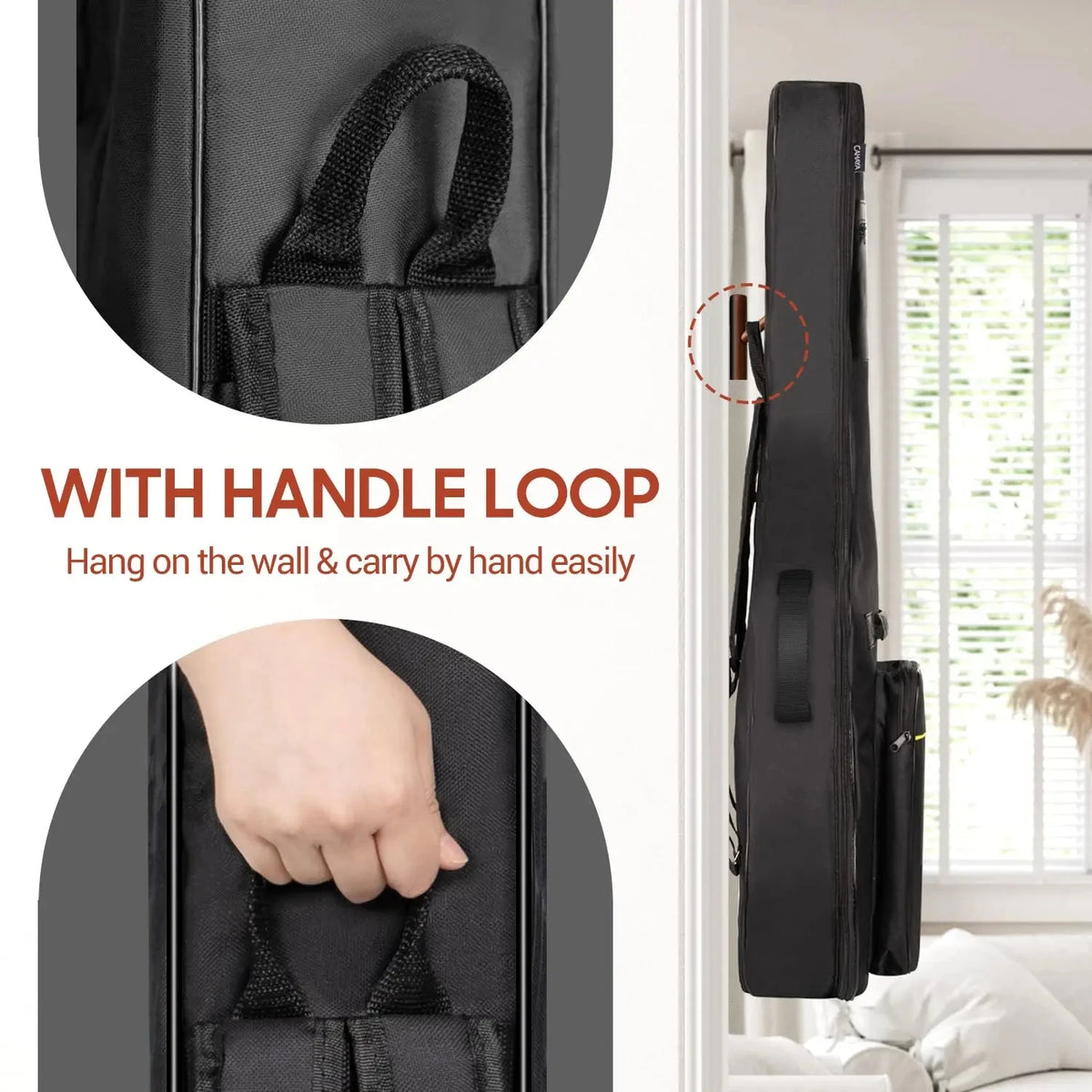 A black acoustic guitar gig bag with a handle loop shown hanging on a wall and being carried by hand.