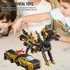 A child is playing with a yellow and black transforming dinosaur car toy featuring magnetic parts.