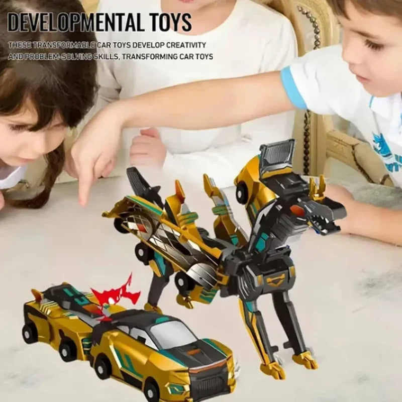A child is playing with a yellow and black transforming dinosaur car toy featuring magnetic parts.