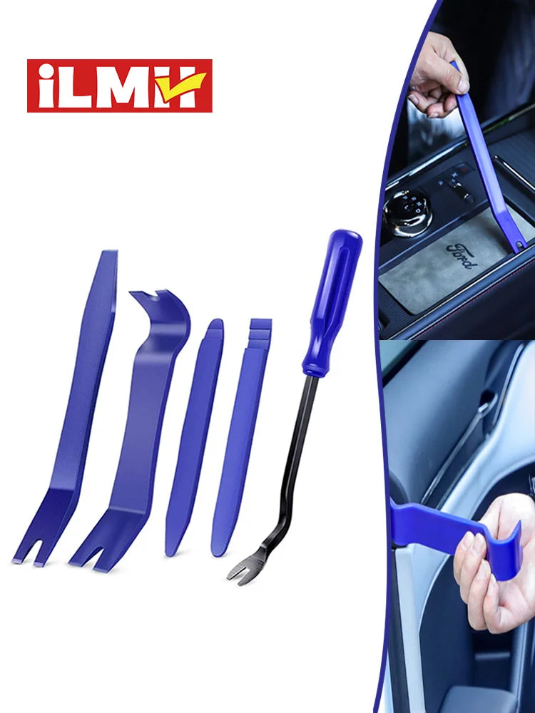 A set of blue car trim removal tools for interior panel and dashboard disassembly.