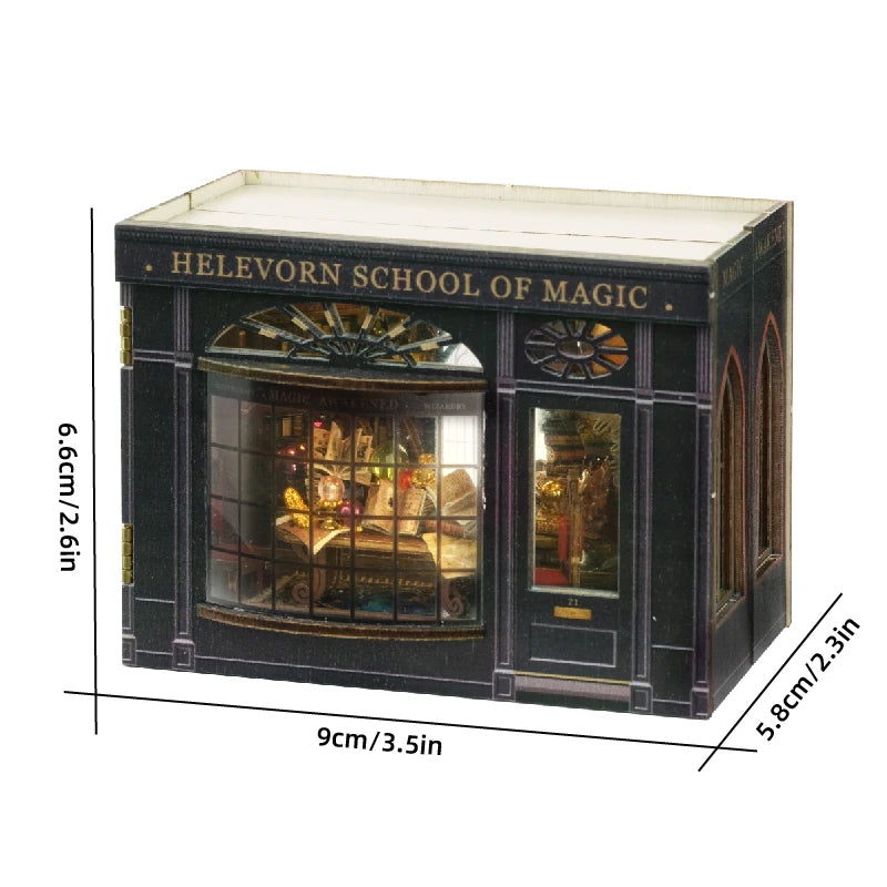 A miniature wooden dollhouse facade featuring a shop window and signage for the Helevorn School of Magic.