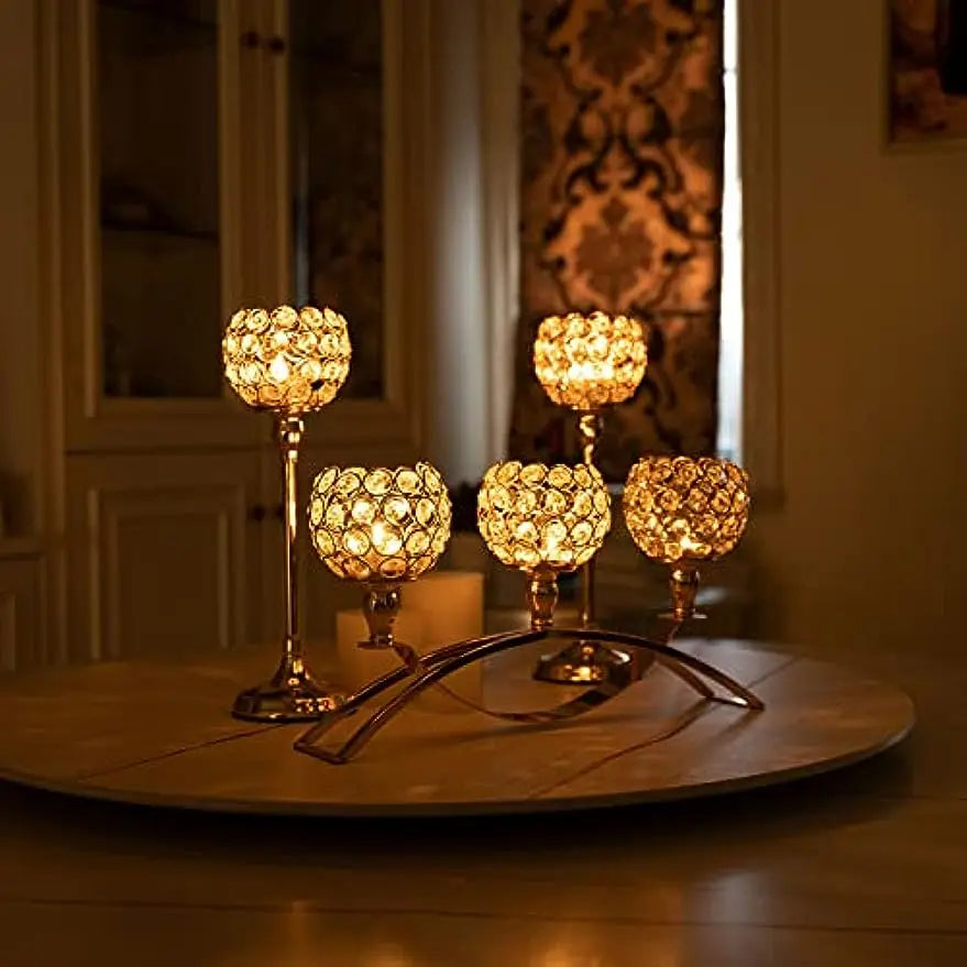 Gold 3-Arm Candelabra with Crystal Bowls for Elegant Table Decor