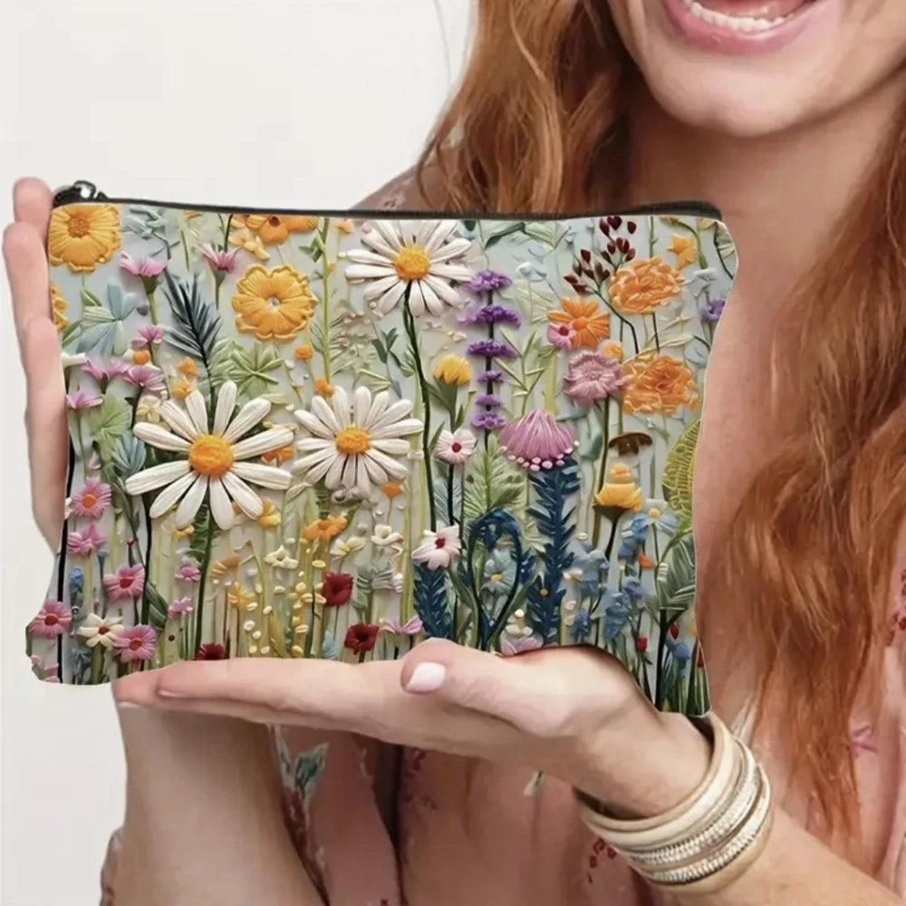 Floral Print Canvas Makeup Bag with Double-Sided Design