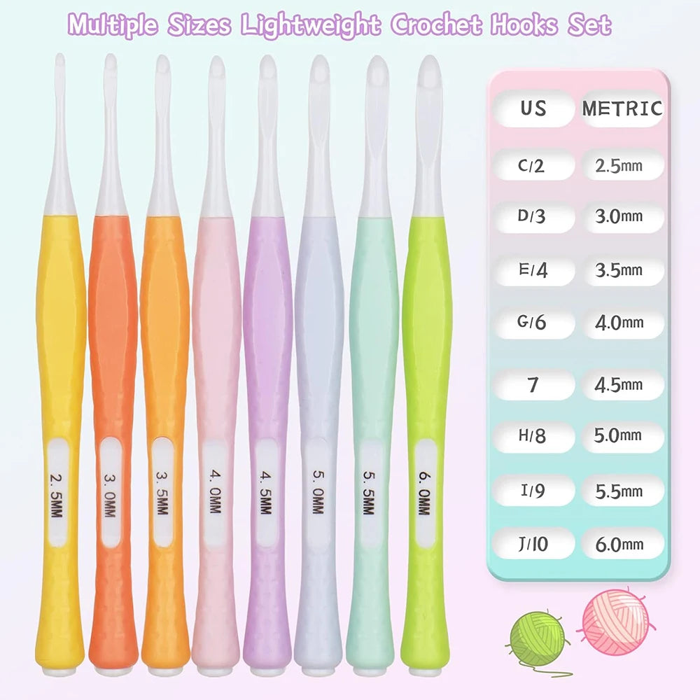 A set of eight lightweight crochet hooks in various sizes and colors, including US and metric measurements.