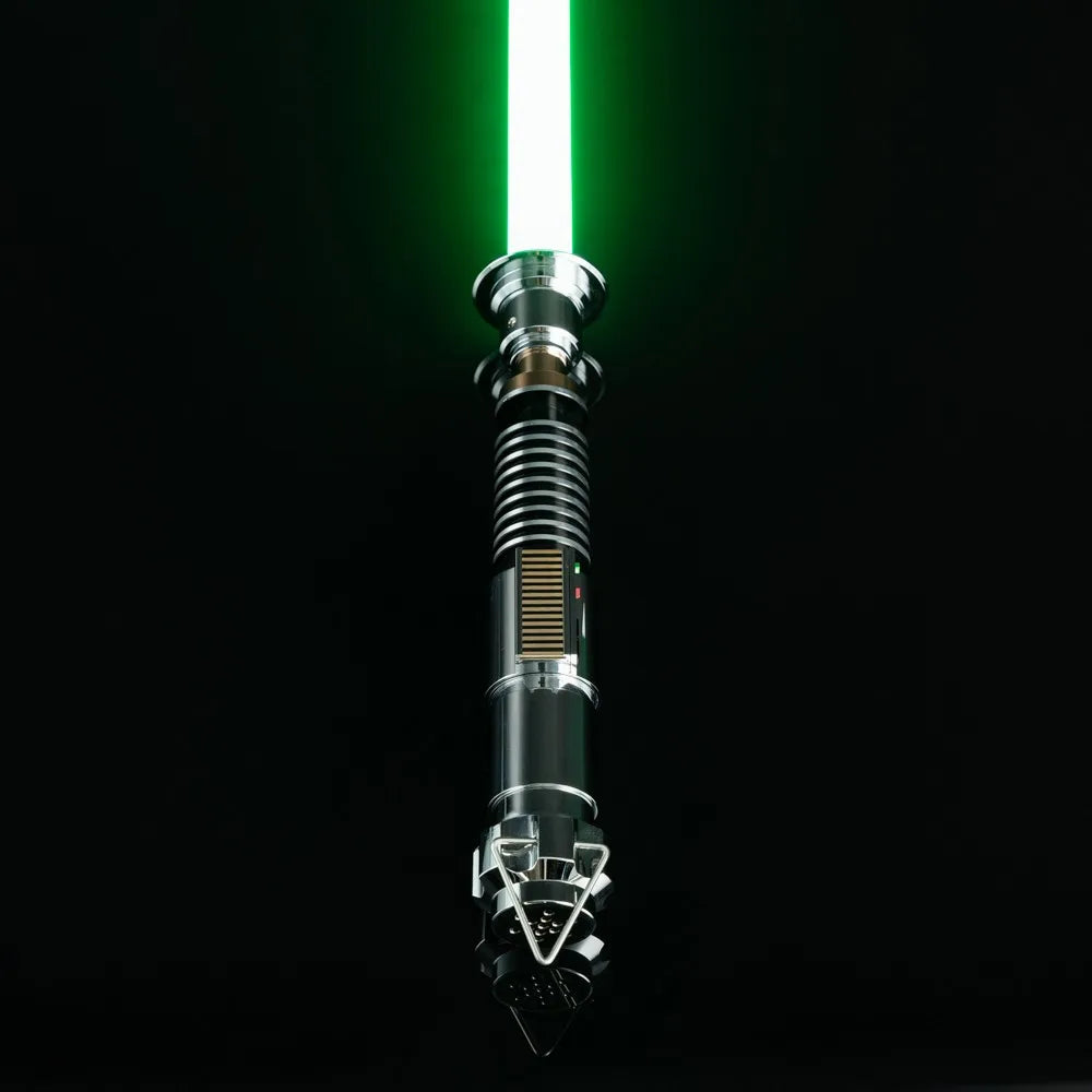 A white lightsaber with a metal hilt is illuminated against a dark background.