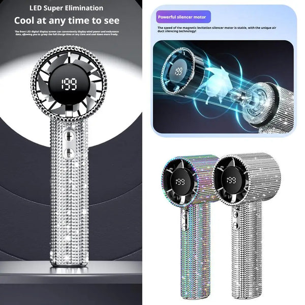 A luxury diamond mini handheld fan with a digital display showing 199, displayed against a dark background.