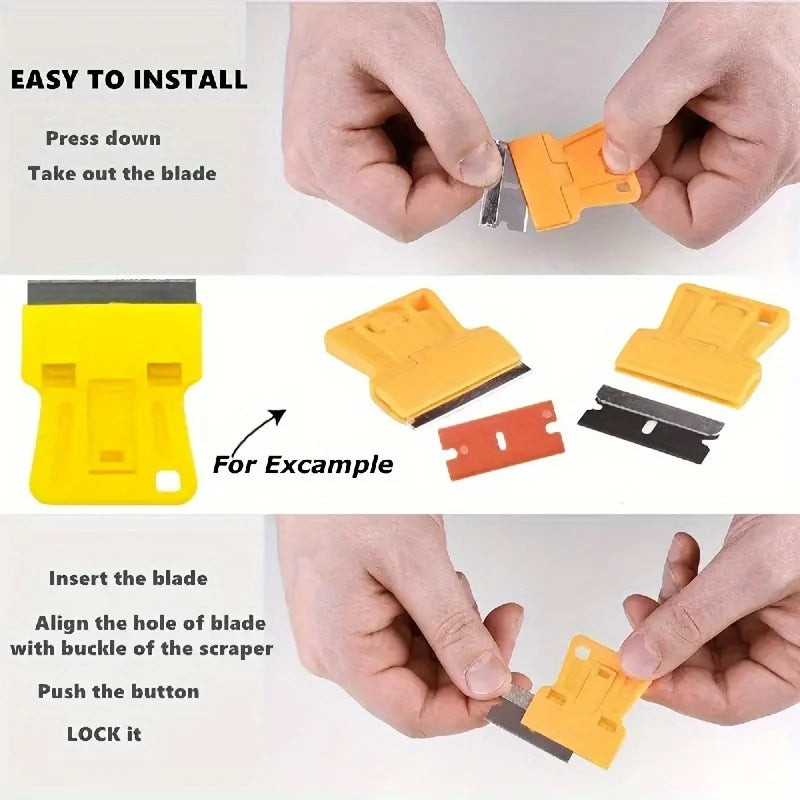 Hands demonstrate how to install a compact multi-purpose scraper by pressing down the blade and locking it into the handle.