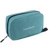 A teal hanging toiletry bag with a black trim and strap, featuring the text Travel Season.