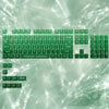 A close-up view of a green mechanical keyboard featuring an 115-key crystal clear RGB backlit keycap set.