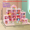 A pink dollhouse featuring five floors and twenty rooms with accessories and doll colors.